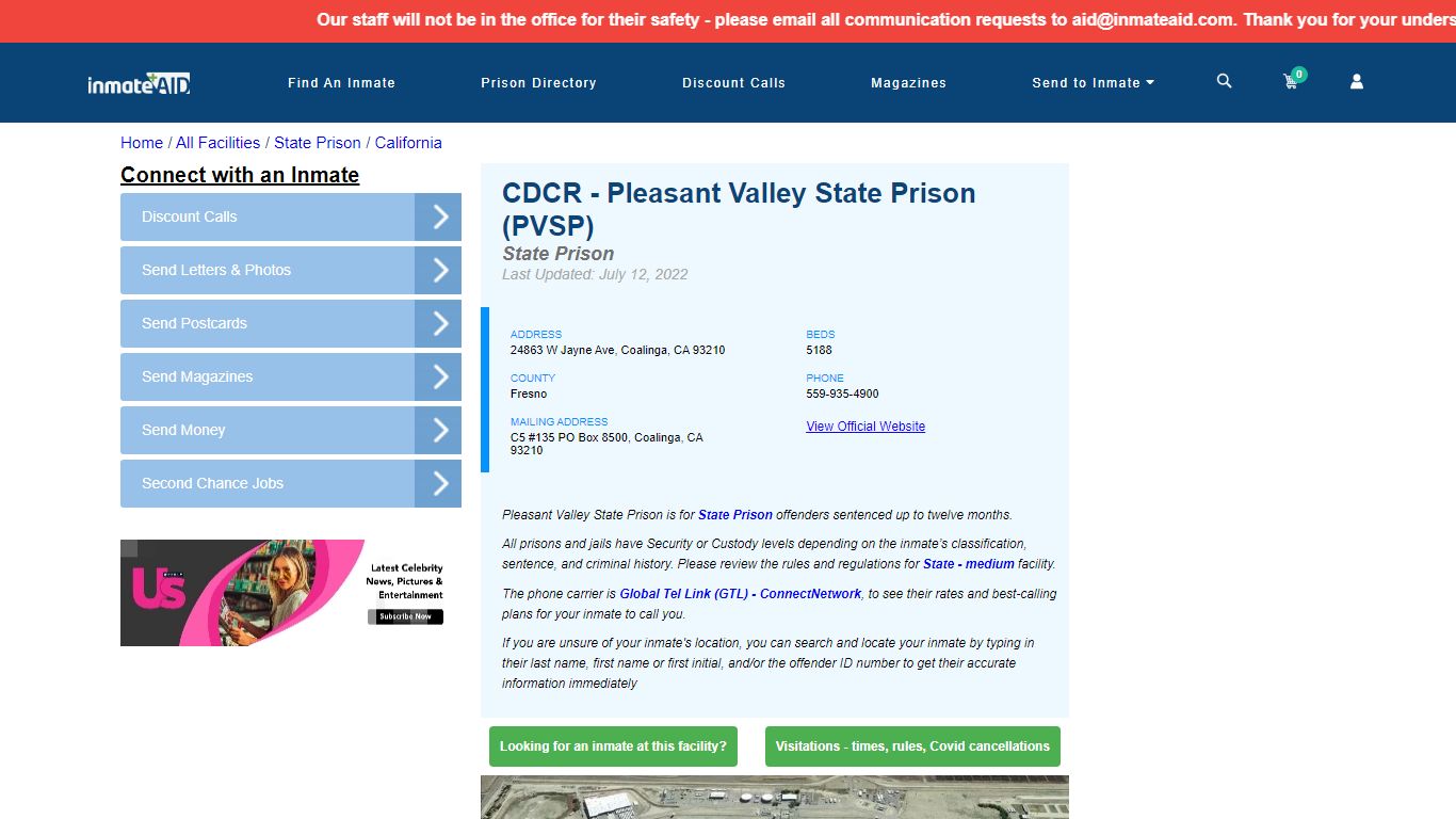 CDCR - Pleasant Valley State Prison (PVSP) & Inmate Search ...