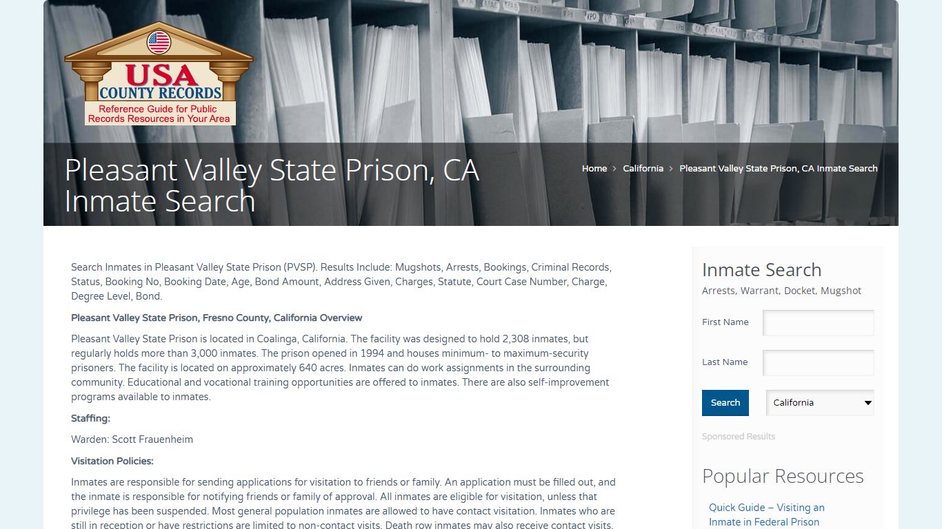 Pleasant Valley State Prison, CA Inmate Search | Name Search