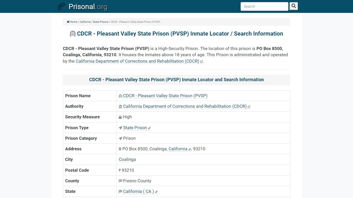 CDCR - Pleasant Valley State Prison (PVSP)-Inmate Locator ...